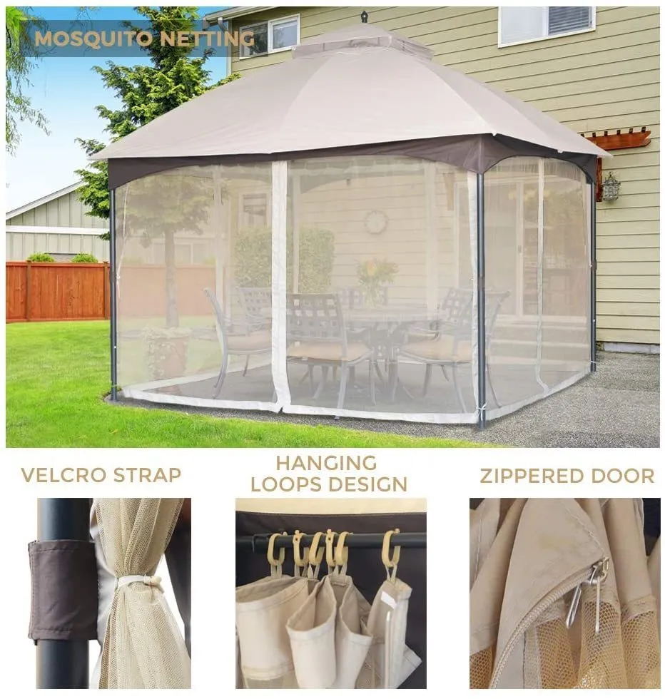 10*12 FT Softtop Metal Gazebo with Mosquito Net&Sunshade Curtains,Sturdy Heavy Duty Double Roof Canopy,Galvanized Steel Design Outdoor Tent,Suitable for Gardens,Patio,Backyard