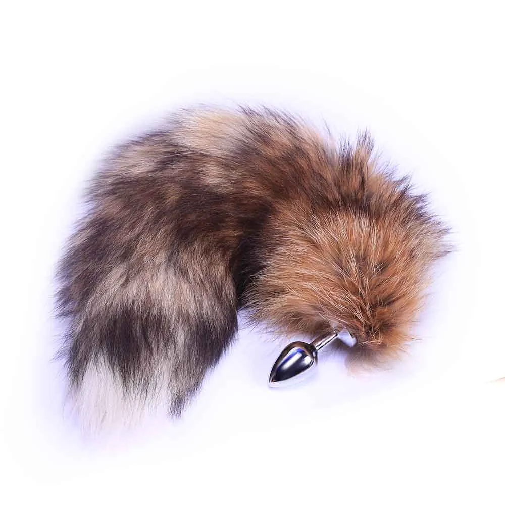 17" Brown Fox Tail Metal Butt Plug, 3 Sizes