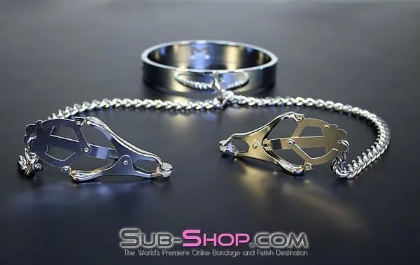 3613HS    Erotic Enslavement Stainless Steel Bondage Collar with Clover Clamps