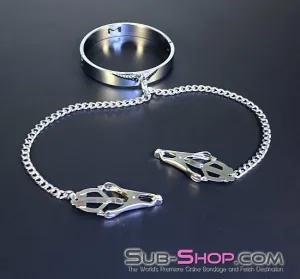 3613HS    Erotic Enslavement Stainless Steel Bondage Collar with Clover Clamps