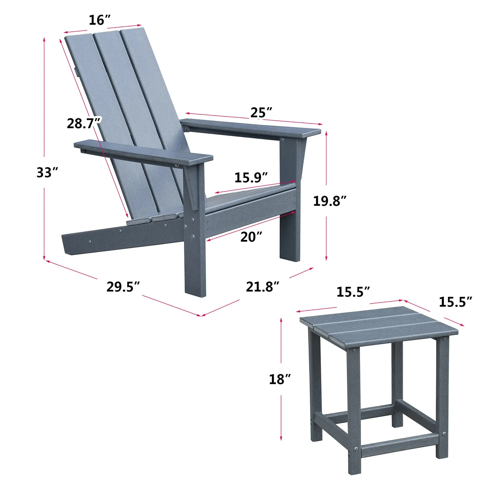 3Pcs Outdoor Adirondack Chairs,Patio Lawn Chairs with Side Table,for Deck Garden Backyard Balcony,Dark Grey