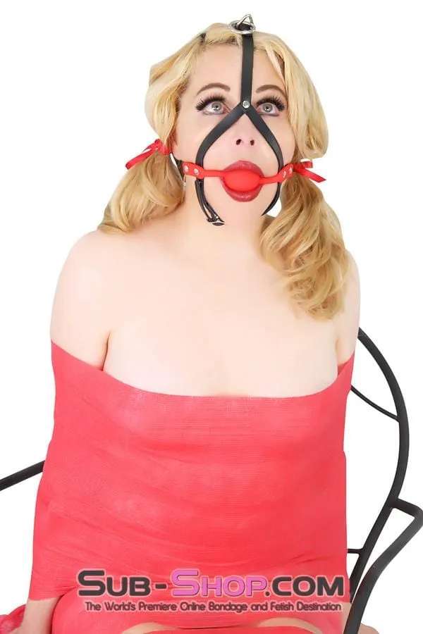 6794A      Red Silicone Ball Gag Leather Trainer with Top Strap Hardware