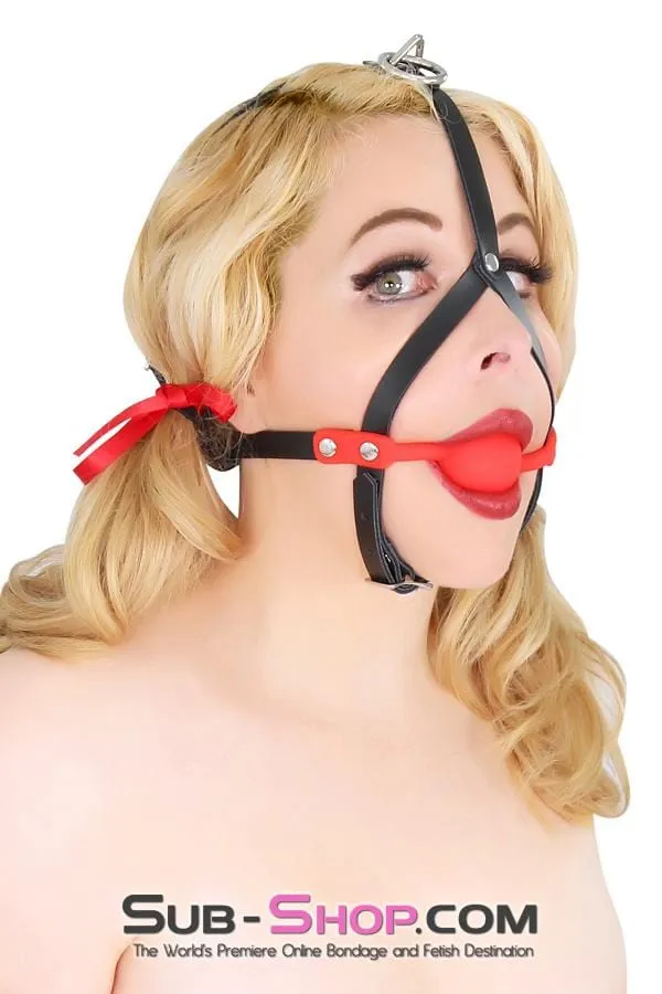 6794A      Red Silicone Ball Gag Leather Trainer with Top Strap Hardware