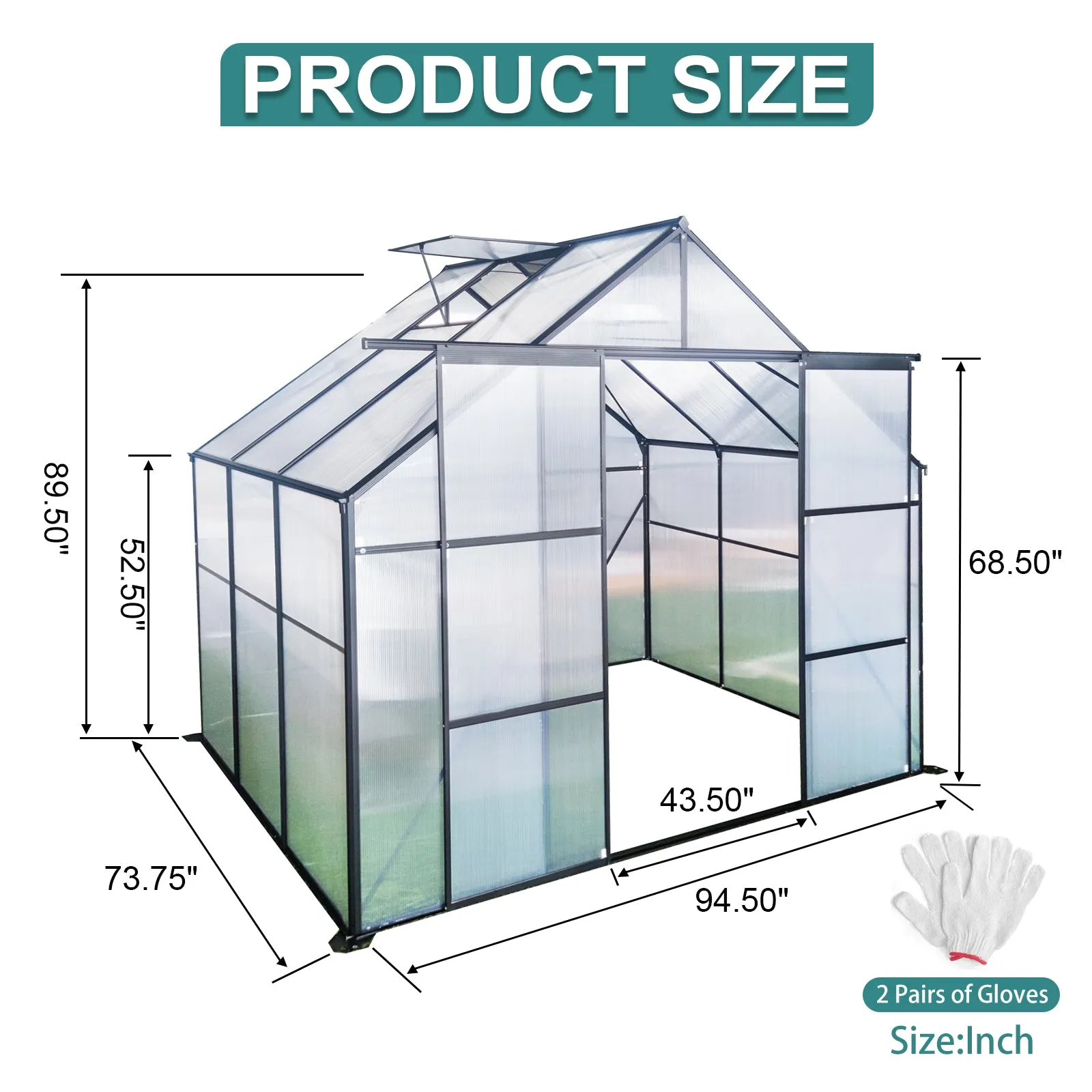 8X6FT-Black Double Door Polycarbonate Greenhouse Raised Base and Anchor Aluminum Heavy Duty Walk-in Greenhouses for Outdoor Backyard in All Season