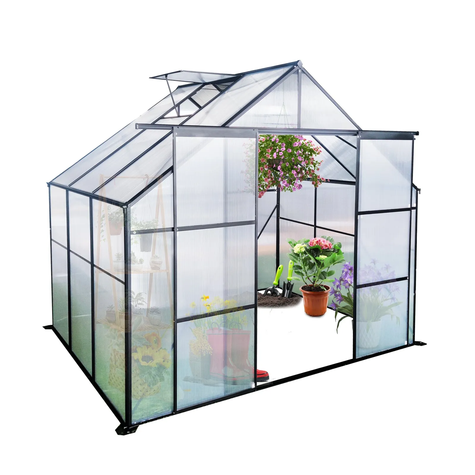 8X6FT-Black Double Door Polycarbonate Greenhouse Raised Base and Anchor Aluminum Heavy Duty Walk-in Greenhouses for Outdoor Backyard in All Season