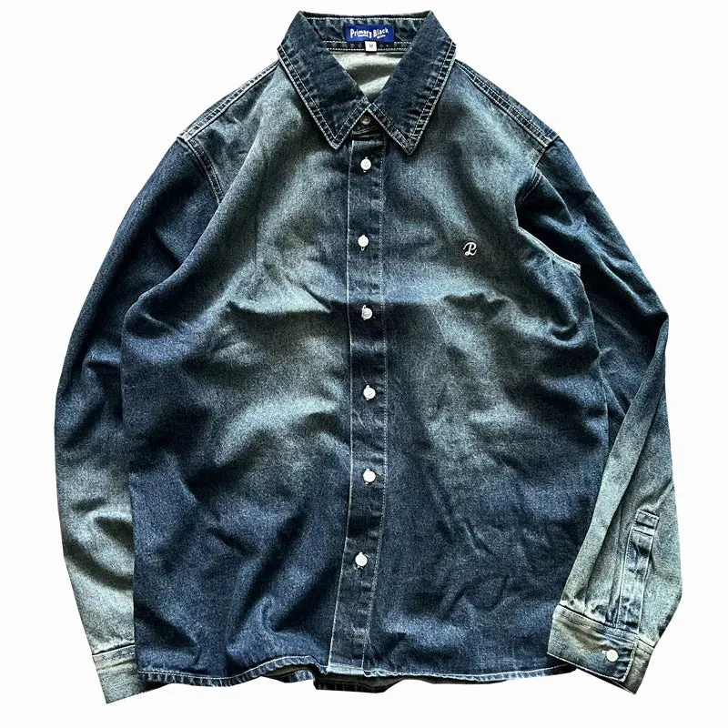 Aidase 100% Cotton American Retro Casual Washed Denim Shirt Monkey Craft Gradient Spring Autumn Vintage Men's Soft Shirts Coats Y2k