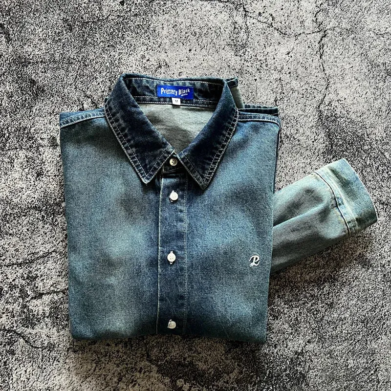 Aidase 100% Cotton American Retro Casual Washed Denim Shirt Monkey Craft Gradient Spring Autumn Vintage Men's Soft Shirts Coats Y2k