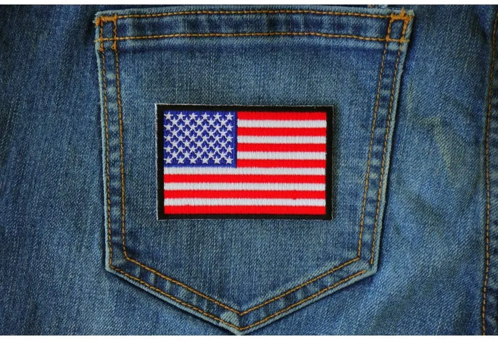 American Flag Patch with Black Borders - 3x2 inch. Embroidered Iron on Patch - SKU#2046B