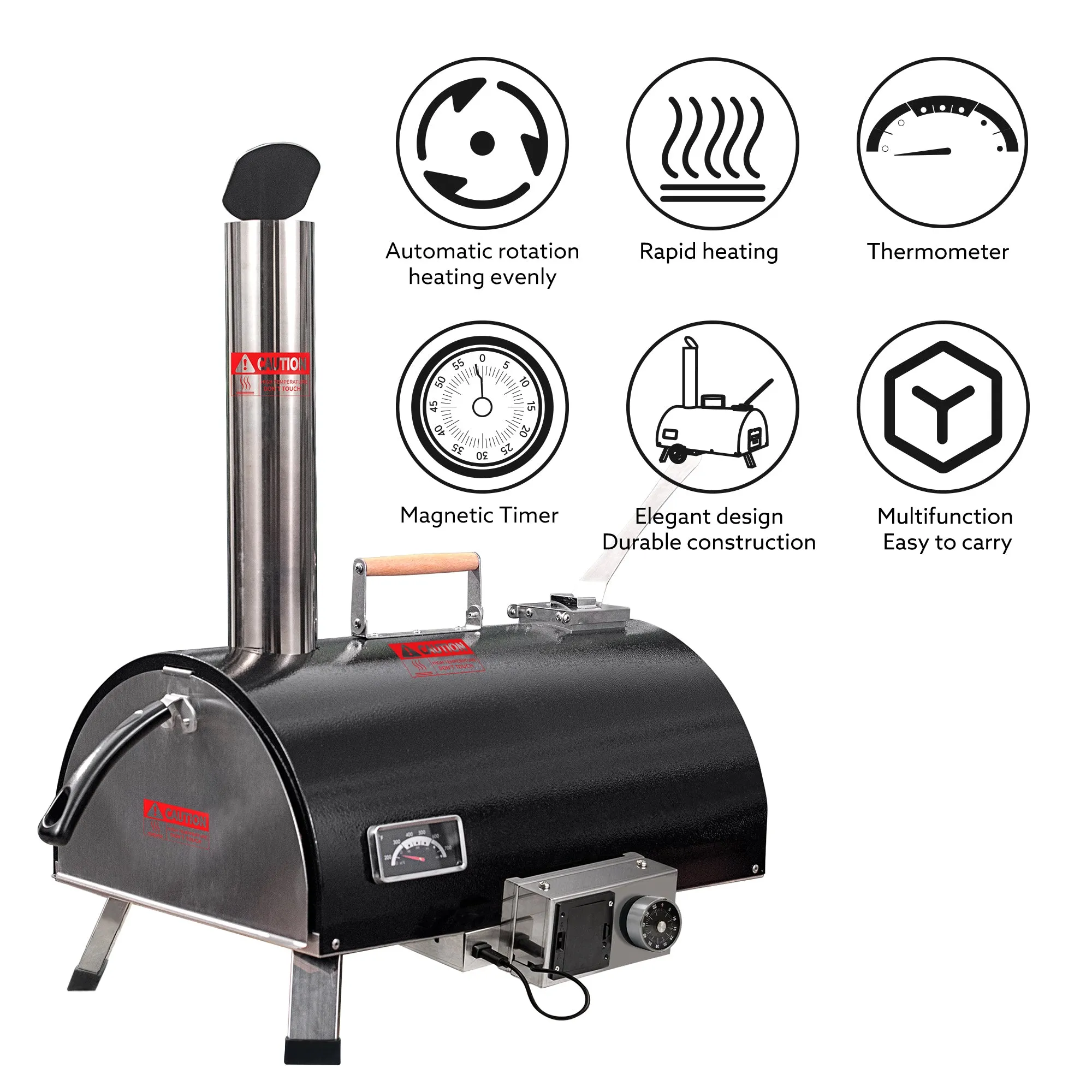 Black Pizza Oven Outdoor 12" Automatic Rotatable Pizza Ovens Portable Stainless Steel Wood Fired Pizza Oven Pizza Maker with Built-in Thermometer Pizza Cutter Carry Bag