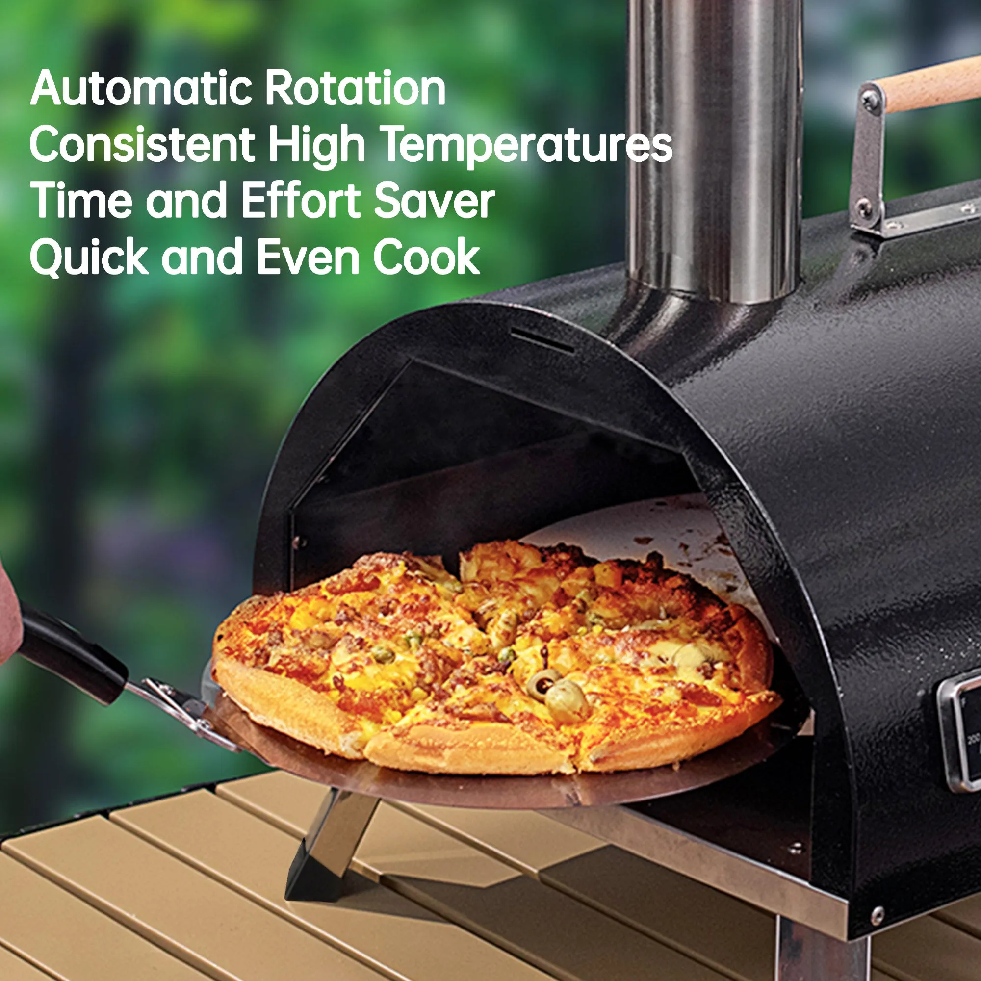 Black Pizza Oven Outdoor 12" Automatic Rotatable Pizza Ovens Portable Stainless Steel Wood Fired Pizza Oven Pizza Maker with Built-in Thermometer Pizza Cutter Carry Bag