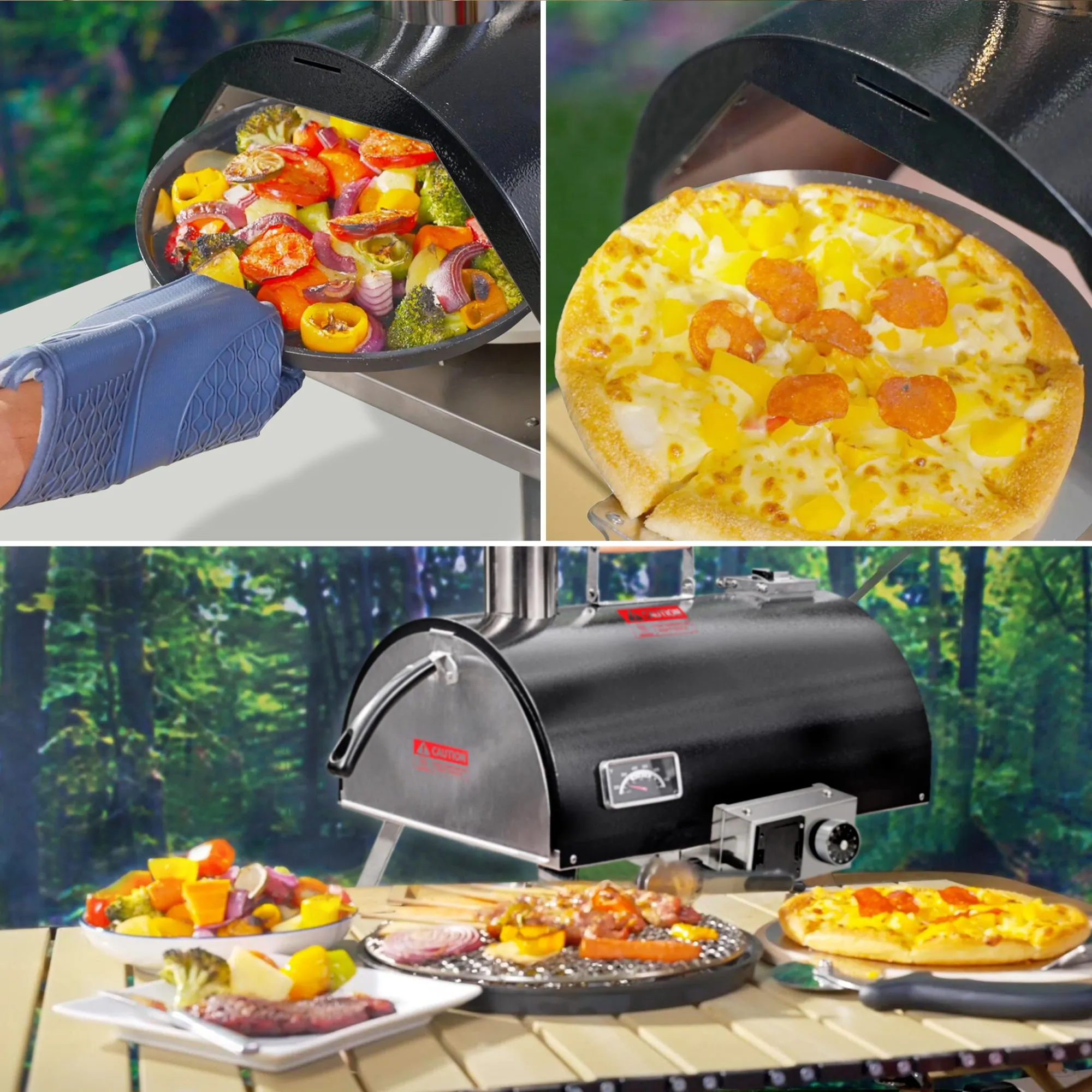 Black Pizza Oven Outdoor 12" Automatic Rotatable Pizza Ovens Portable Stainless Steel Wood Fired Pizza Oven Pizza Maker with Built-in Thermometer Pizza Cutter Carry Bag