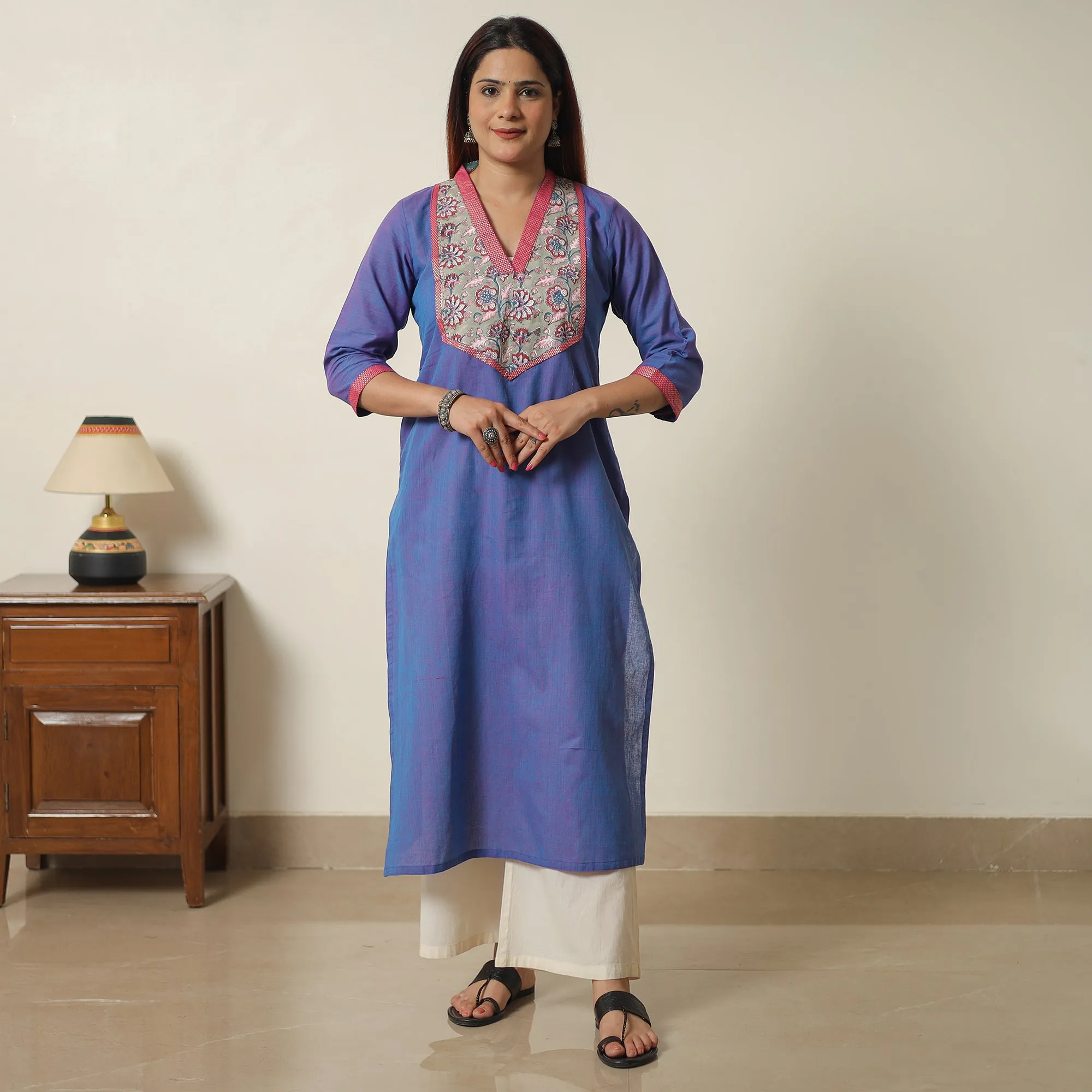 Blue - Dharwad Cotton Straight Kurta with Sanganeri Patchwork 02