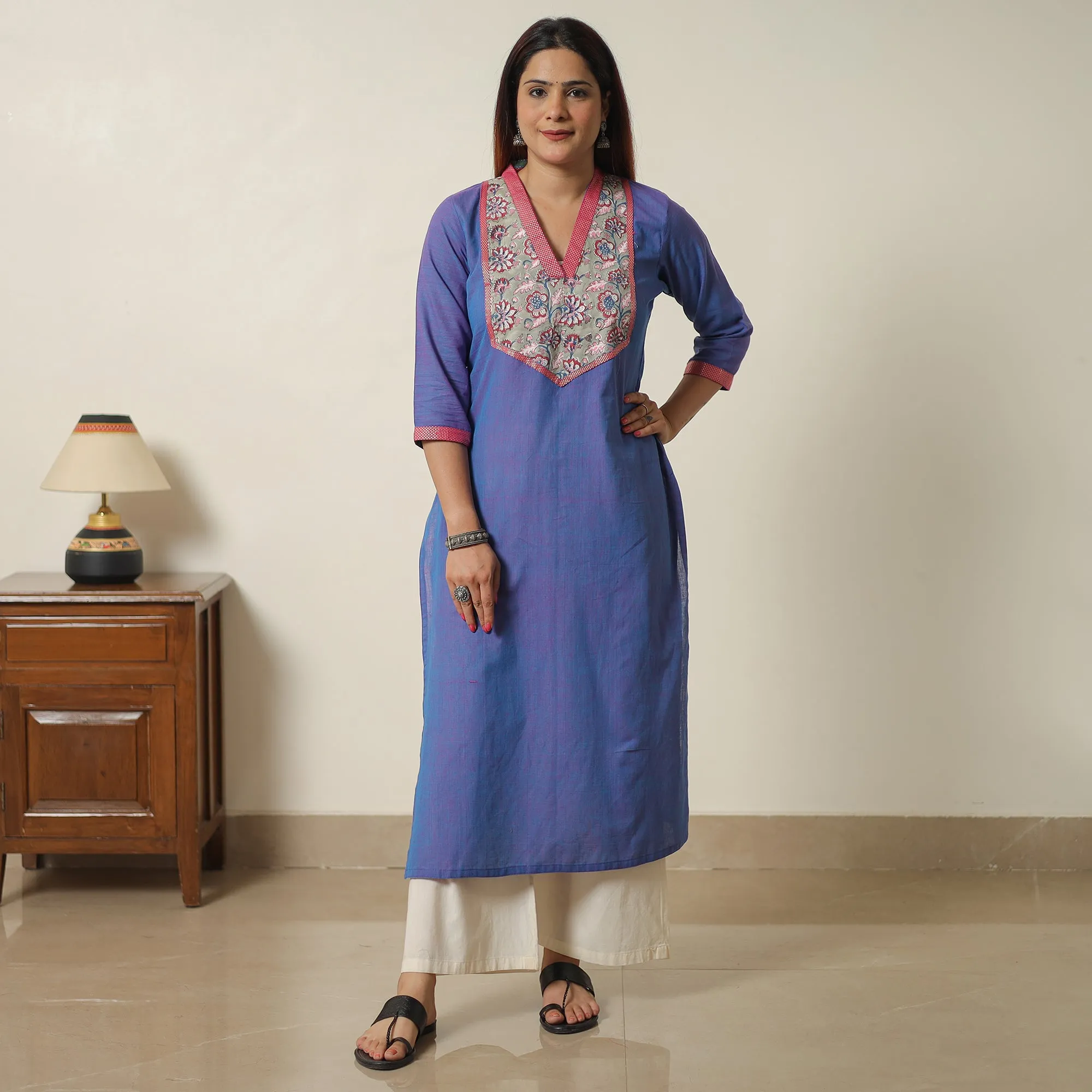 Blue - Dharwad Cotton Straight Kurta with Sanganeri Patchwork 02