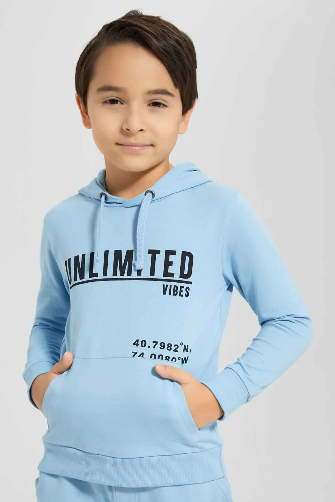 Boys Blue Printed Hooded Jogger Suit (2 Piece)