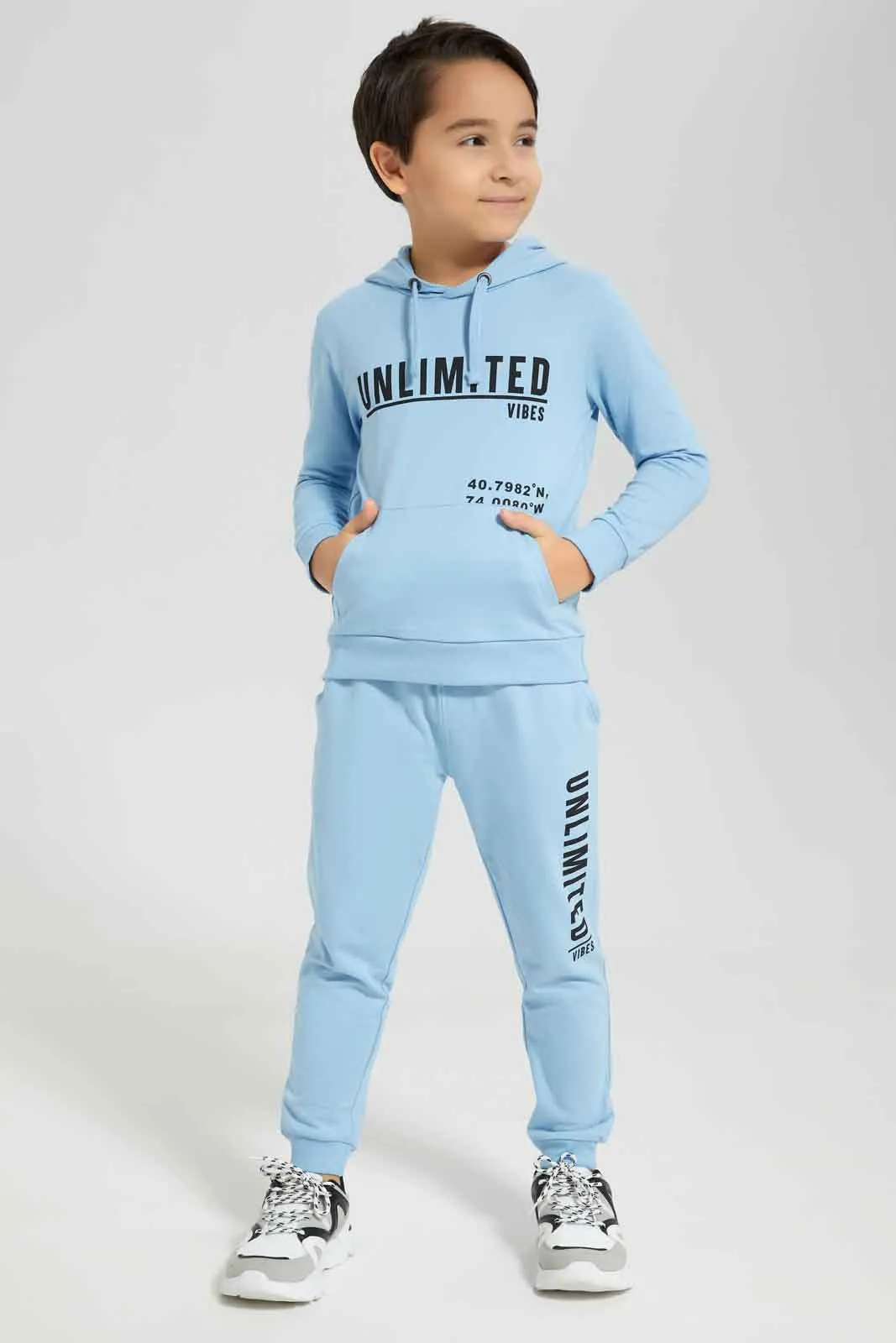 Boys Blue Printed Hooded Jogger Suit (2 Piece)