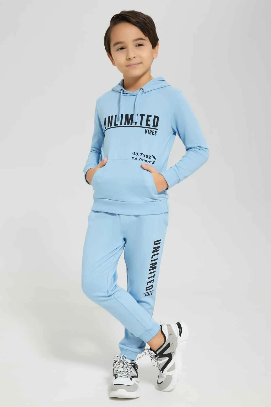 Boys Blue Printed Hooded Jogger Suit (2 Piece)