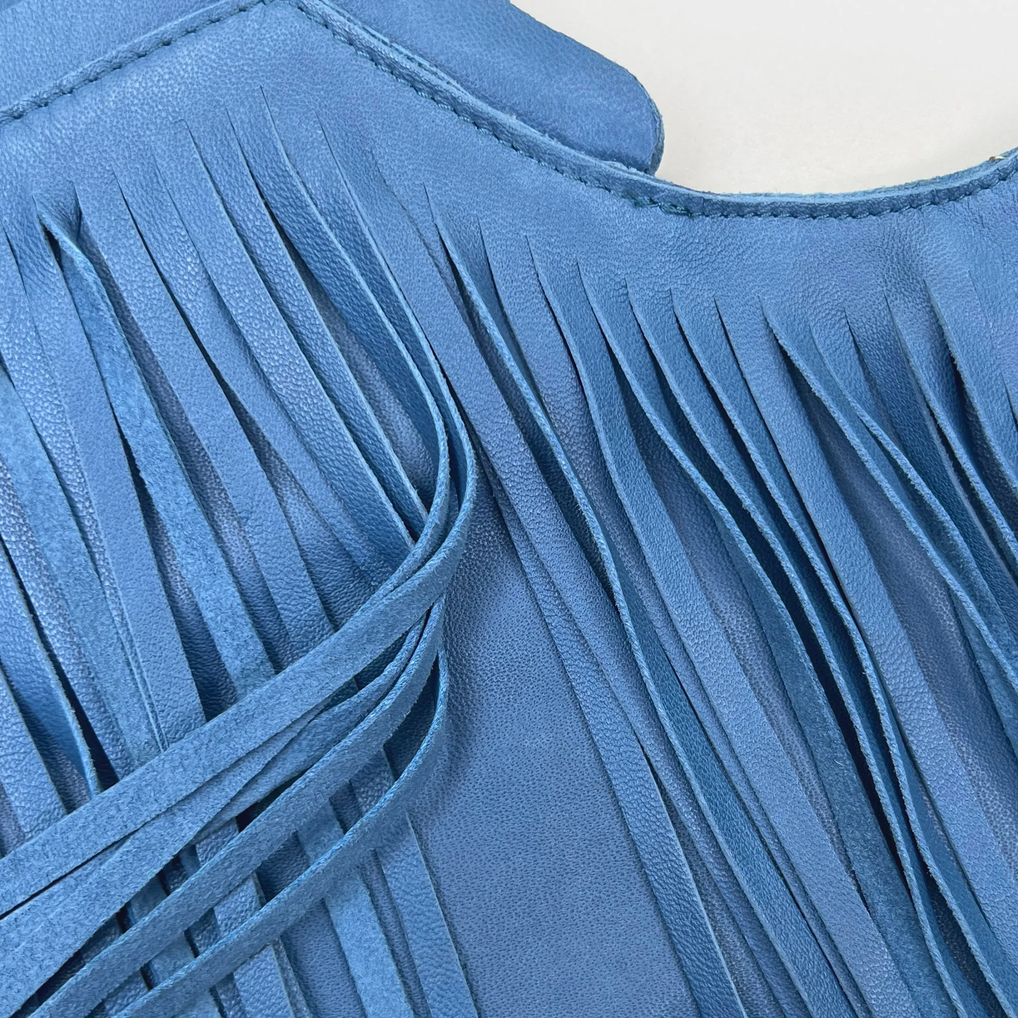 Ceramic Blue Fringe Leather Sash Bag