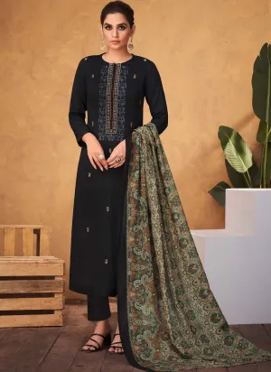 Cotton Satin Black Unstitched Salwar Suit Dress Material for Ladies