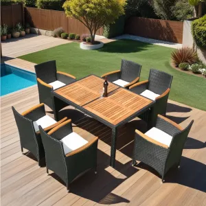 EELIFEE 7 piece Outdoor Patio Wicker Dining Set Patio Wicker Furniture Dining Set w/Acacia Wood Top