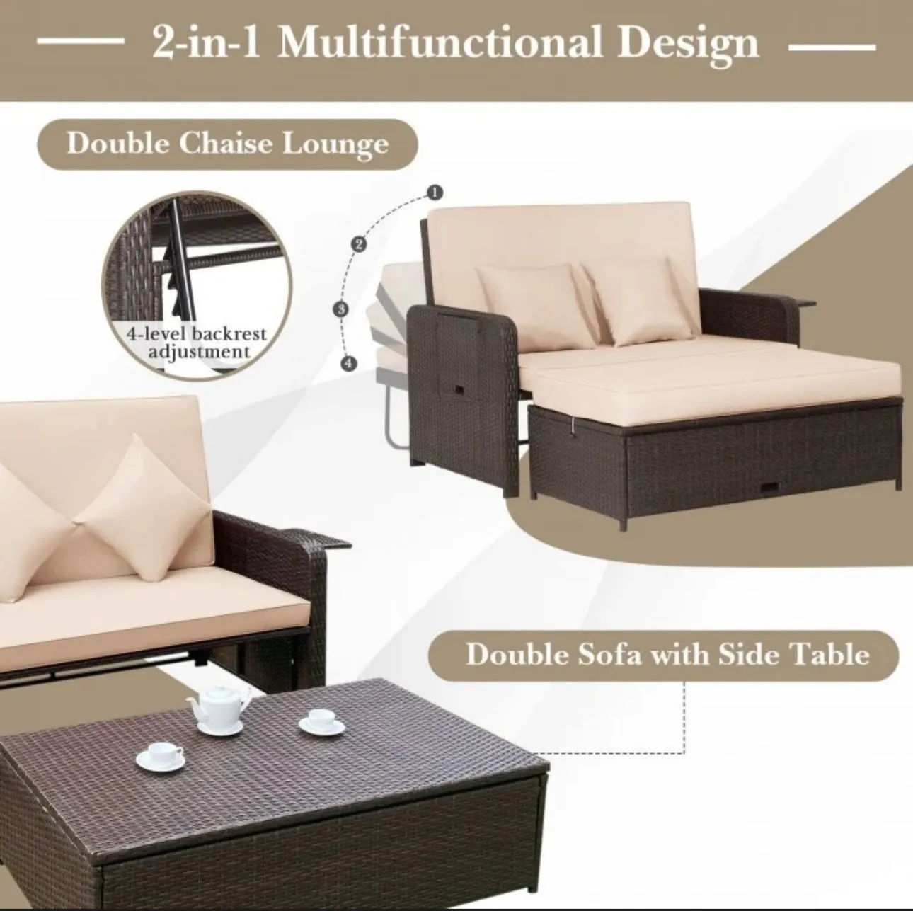 Elegant 4-Level Patio Rattan Daybed | Adjustable Backrest | Rectangle Side Tray | Outdoor Sectional | Double Sofa With Side Table | Space Saving