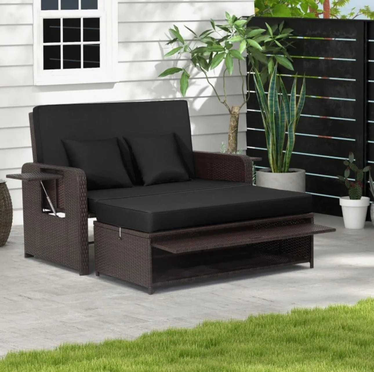 Elegant 4-Level Patio Rattan Daybed | Adjustable Backrest | Rectangle Side Tray | Outdoor Sectional | Double Sofa With Side Table | Space Saving