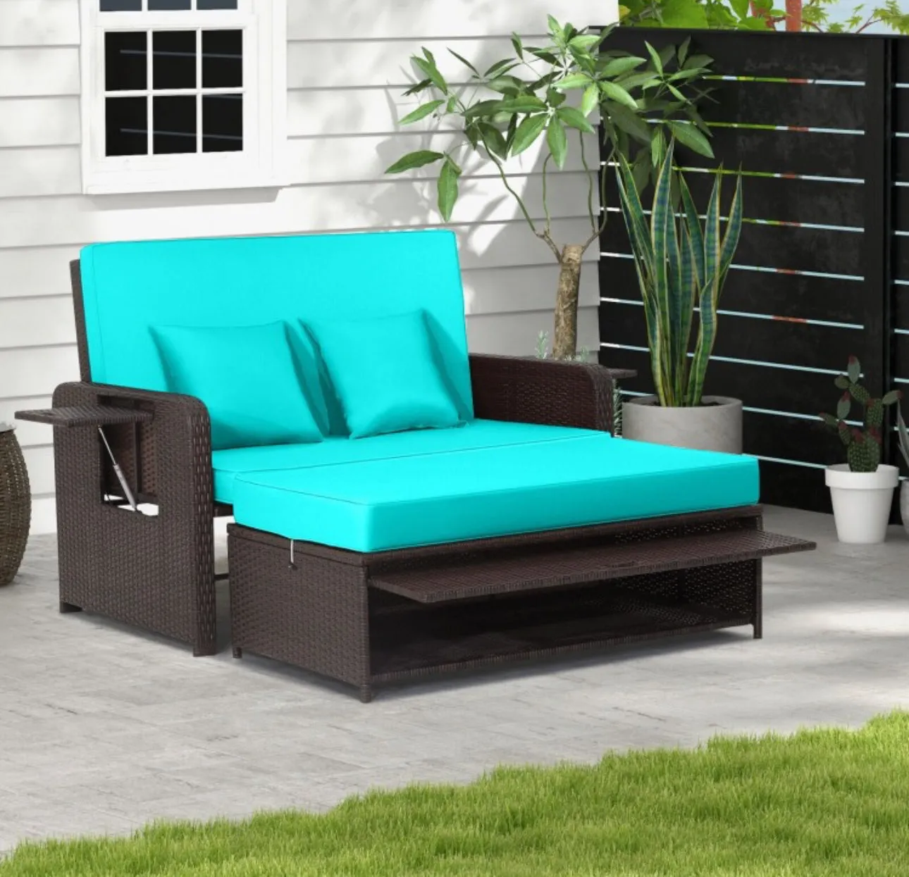 Elegant 4-Level Patio Rattan Daybed | Adjustable Backrest | Rectangle Side Tray | Outdoor Sectional | Double Sofa With Side Table | Space Saving