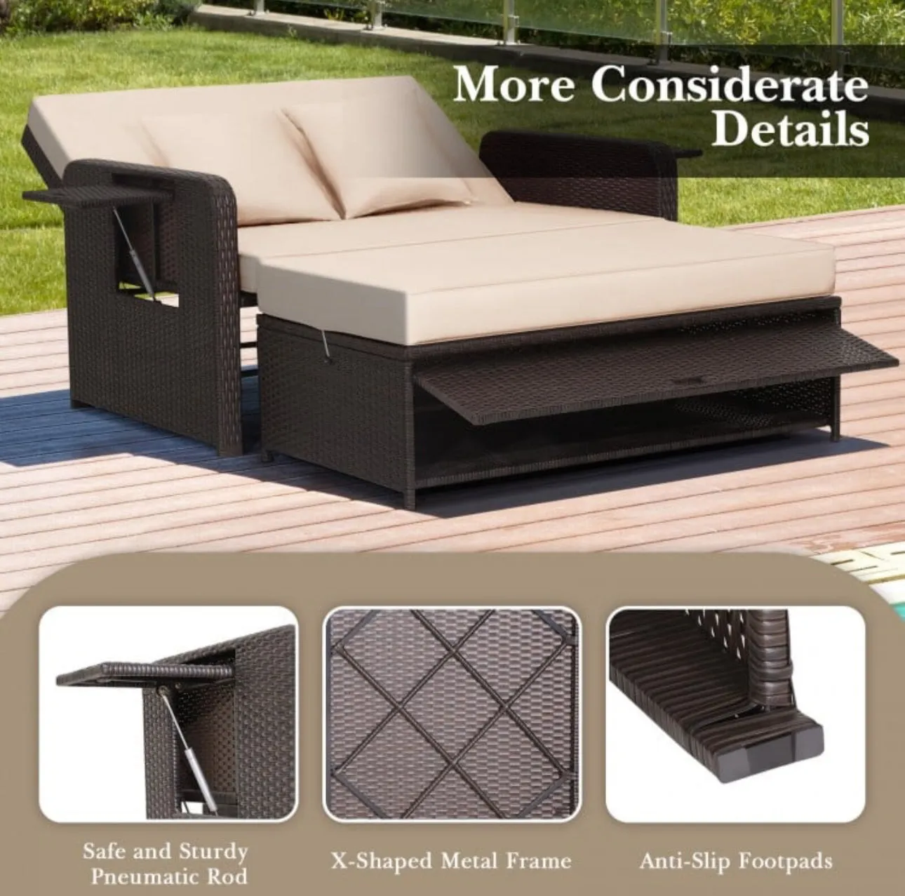 Elegant 4-Level Patio Rattan Daybed | Adjustable Backrest | Rectangle Side Tray | Outdoor Sectional | Double Sofa With Side Table | Space Saving