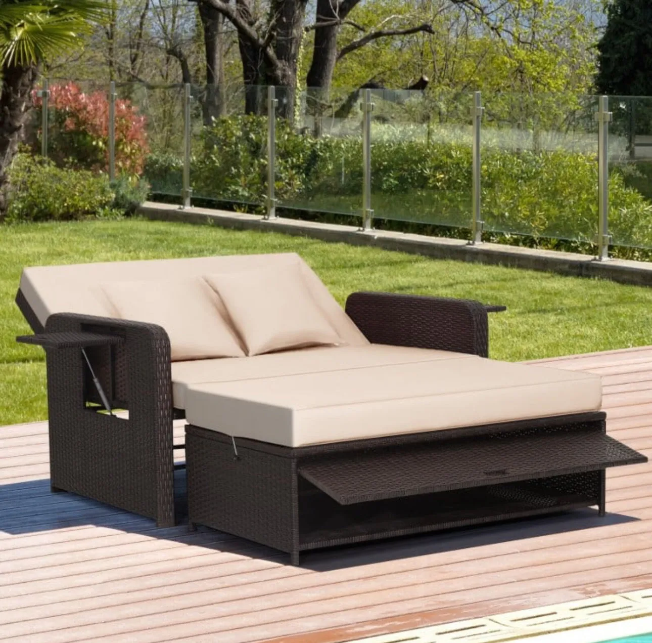 Elegant 4-Level Patio Rattan Daybed | Adjustable Backrest | Rectangle Side Tray | Outdoor Sectional | Double Sofa With Side Table | Space Saving