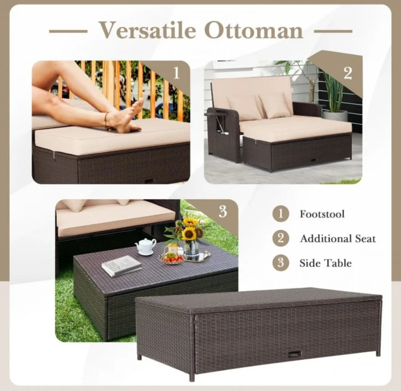 Elegant 4-Level Patio Rattan Daybed | Adjustable Backrest | Rectangle Side Tray | Outdoor Sectional | Double Sofa With Side Table | Space Saving