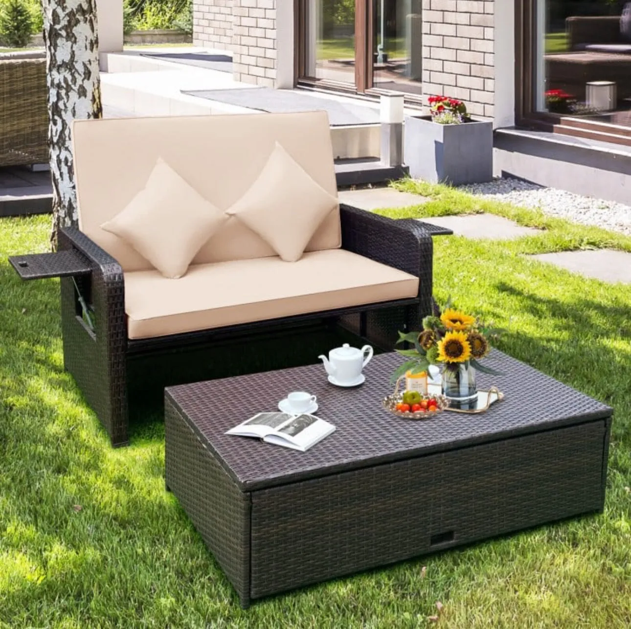 Elegant 4-Level Patio Rattan Daybed | Adjustable Backrest | Rectangle Side Tray | Outdoor Sectional | Double Sofa With Side Table | Space Saving