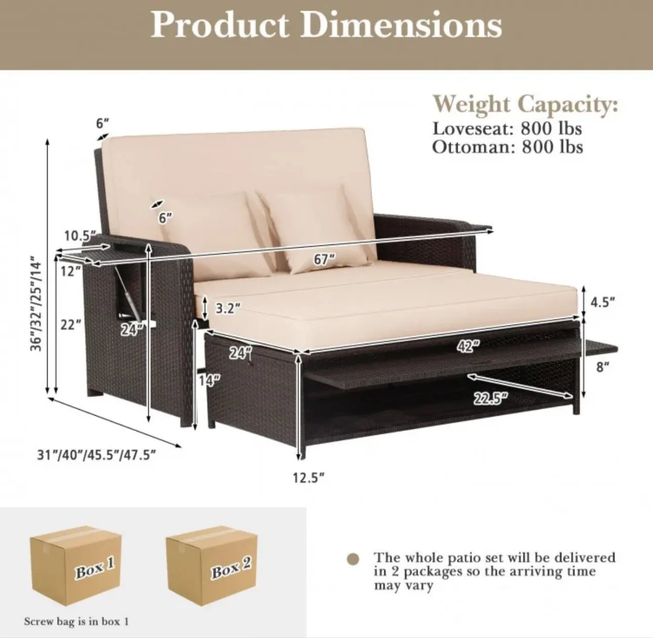 Elegant 4-Level Patio Rattan Daybed | Adjustable Backrest | Rectangle Side Tray | Outdoor Sectional | Double Sofa With Side Table | Space Saving