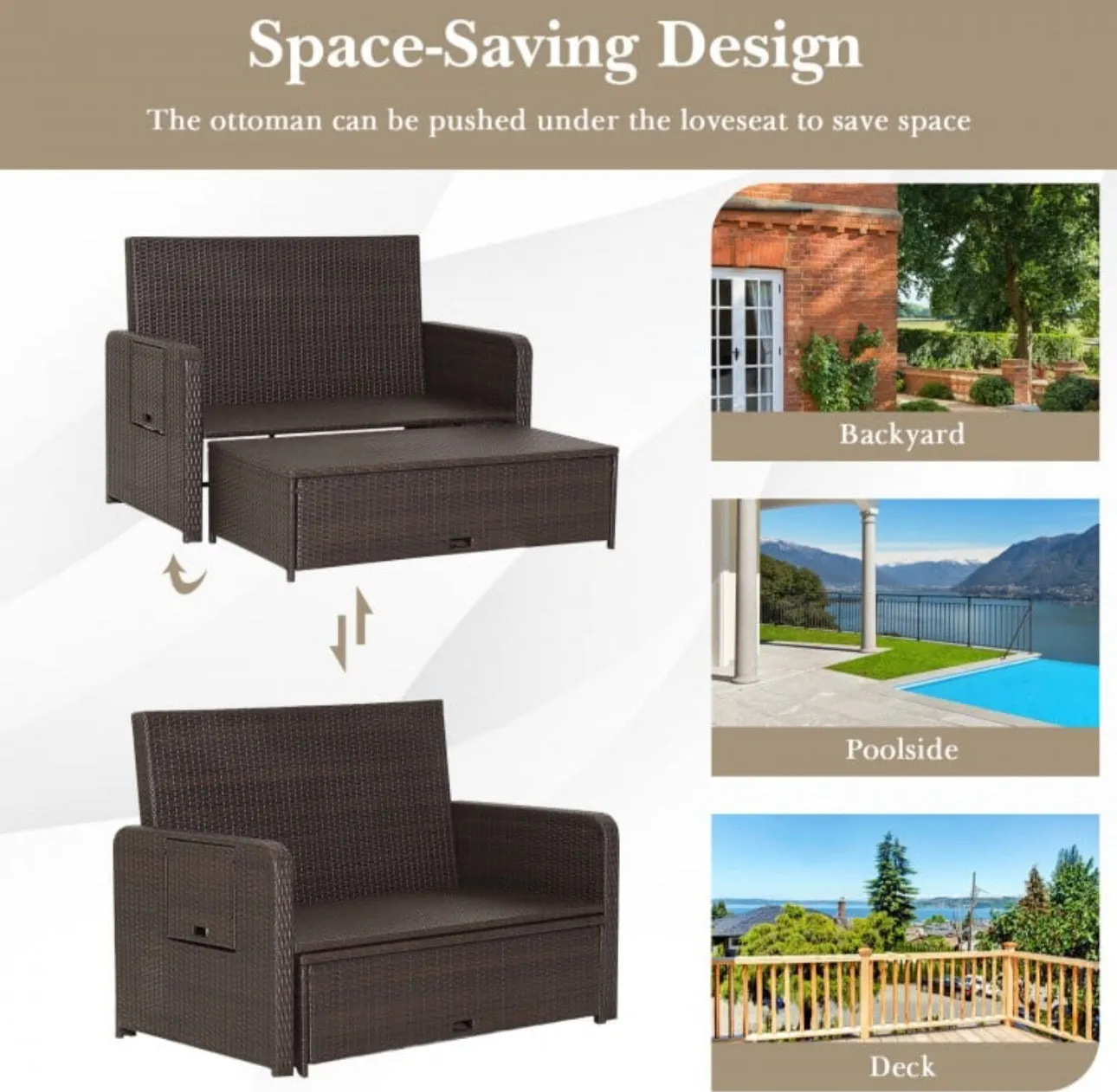 Elegant 4-Level Patio Rattan Daybed | Adjustable Backrest | Rectangle Side Tray | Outdoor Sectional | Double Sofa With Side Table | Space Saving