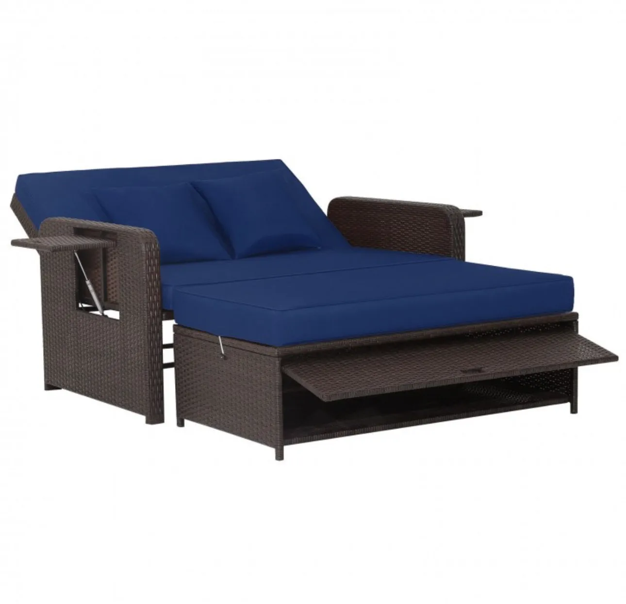 Elegant 4-Level Patio Rattan Daybed | Adjustable Backrest | Rectangle Side Tray | Outdoor Sectional | Double Sofa With Side Table | Space Saving