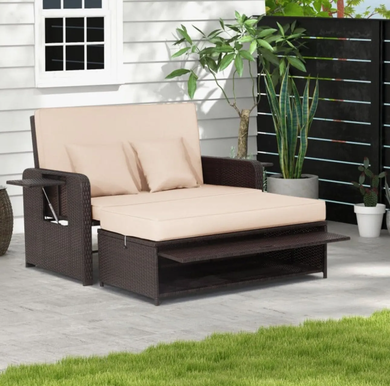 Elegant 4-Level Patio Rattan Daybed | Adjustable Backrest | Rectangle Side Tray | Outdoor Sectional | Double Sofa With Side Table | Space Saving