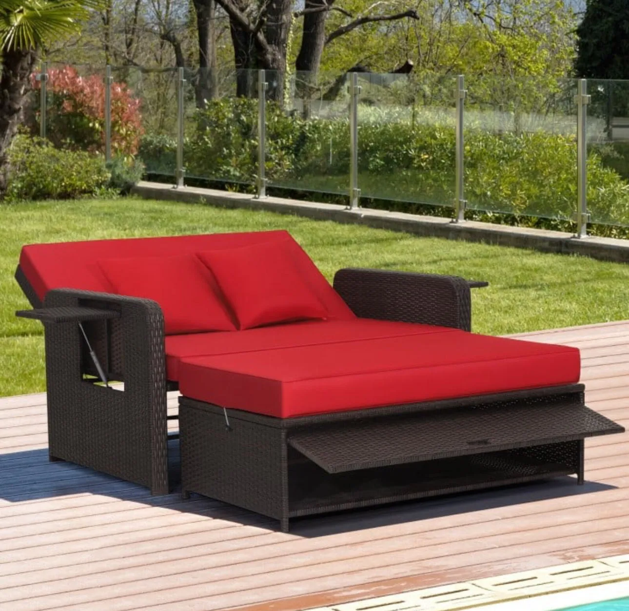 Elegant 4-Level Patio Rattan Daybed | Adjustable Backrest | Rectangle Side Tray | Outdoor Sectional | Double Sofa With Side Table | Space Saving