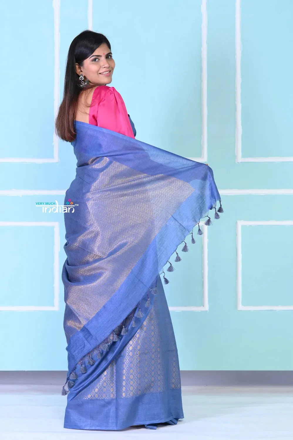 Exquisite Teal Blue Cotton Viscose Saree With Beautiful Brocade Zari Work.