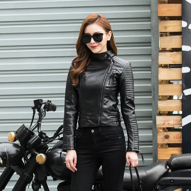 Fitaylor Spring Autumn Women Punk Leather Jacket PU Faux Leather Jackets Basic Bomber Leather Motorcycle Black Coat