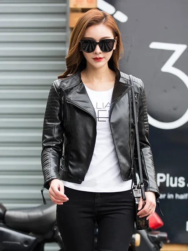 Fitaylor Spring Autumn Women Punk Leather Jacket PU Faux Leather Jackets Basic Bomber Leather Motorcycle Black Coat