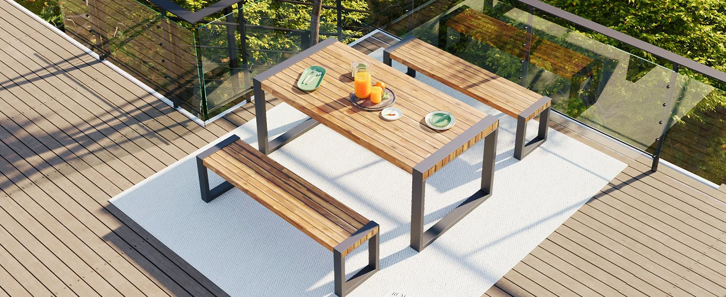 GO 3-pieces Outdoor Dining Table With 2 Benches, Patio Dining Set With Unique Top Texture, Acacia Wood Top & Steel Frame, All Weather Use, For Outdoor & Indoor, Natural