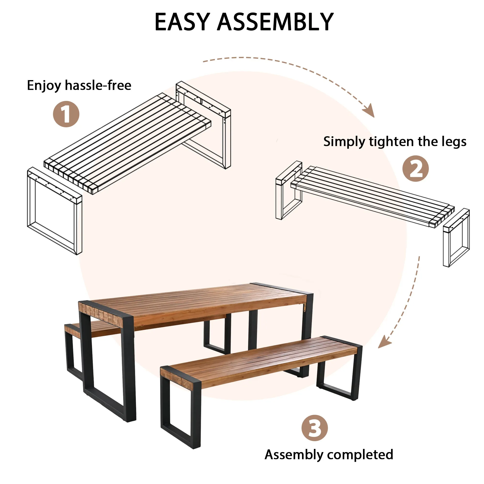 GO 3-pieces Outdoor Dining Table With 2 Benches, Patio Dining Set With Unique Top Texture, Acacia Wood Top & Steel Frame, All Weather Use, For Outdoor & Indoor, Natural