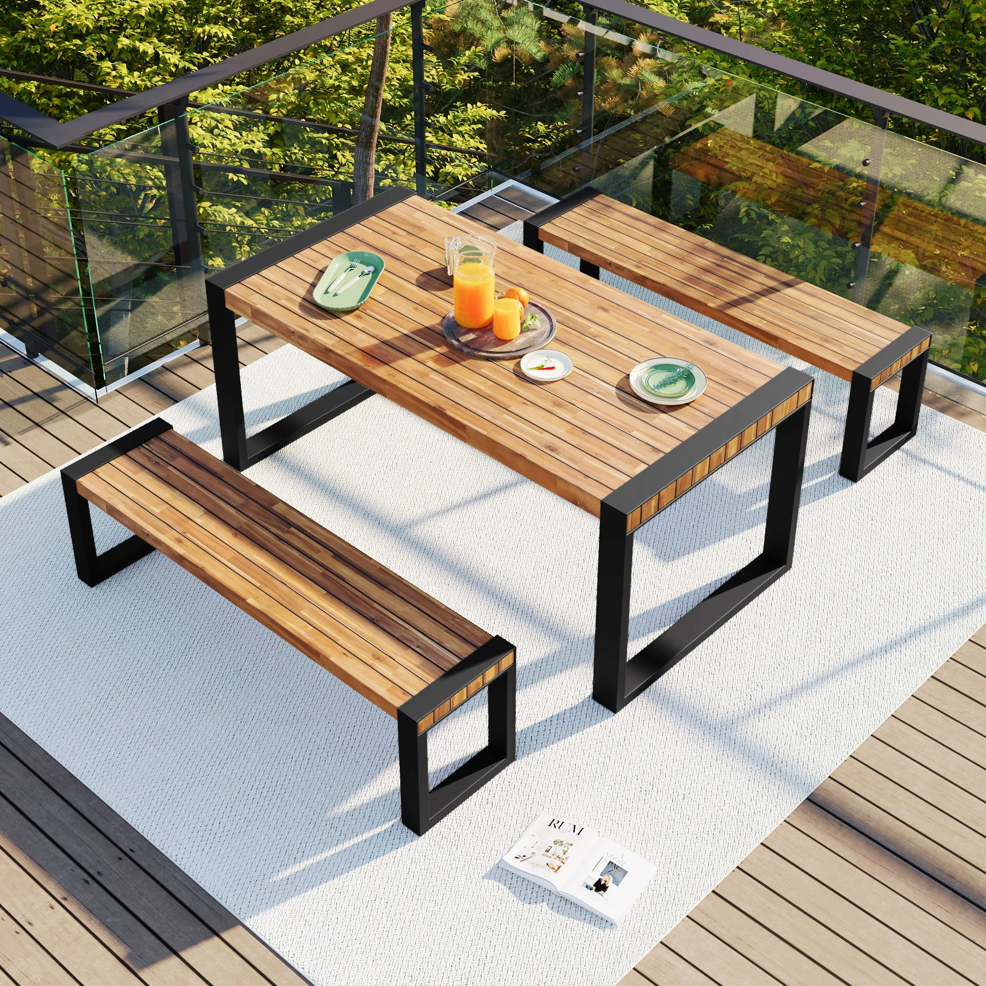 GO 3-pieces Outdoor Dining Table With 2 Benches, Patio Dining Set With Unique Top Texture, Acacia Wood Top & Steel Frame, All Weather Use, For Outdoor & Indoor, Natural