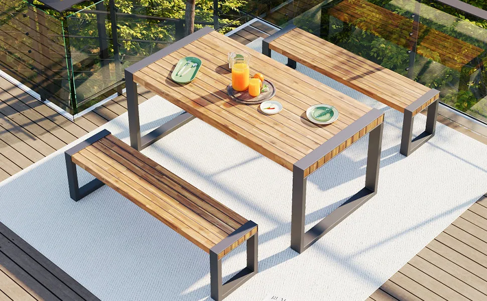 GO 3-pieces Outdoor Dining Table With 2 Benches, Patio Dining Set With Unique Top Texture, Acacia Wood Top & Steel Frame, All Weather Use, For Outdoor & Indoor, Natural