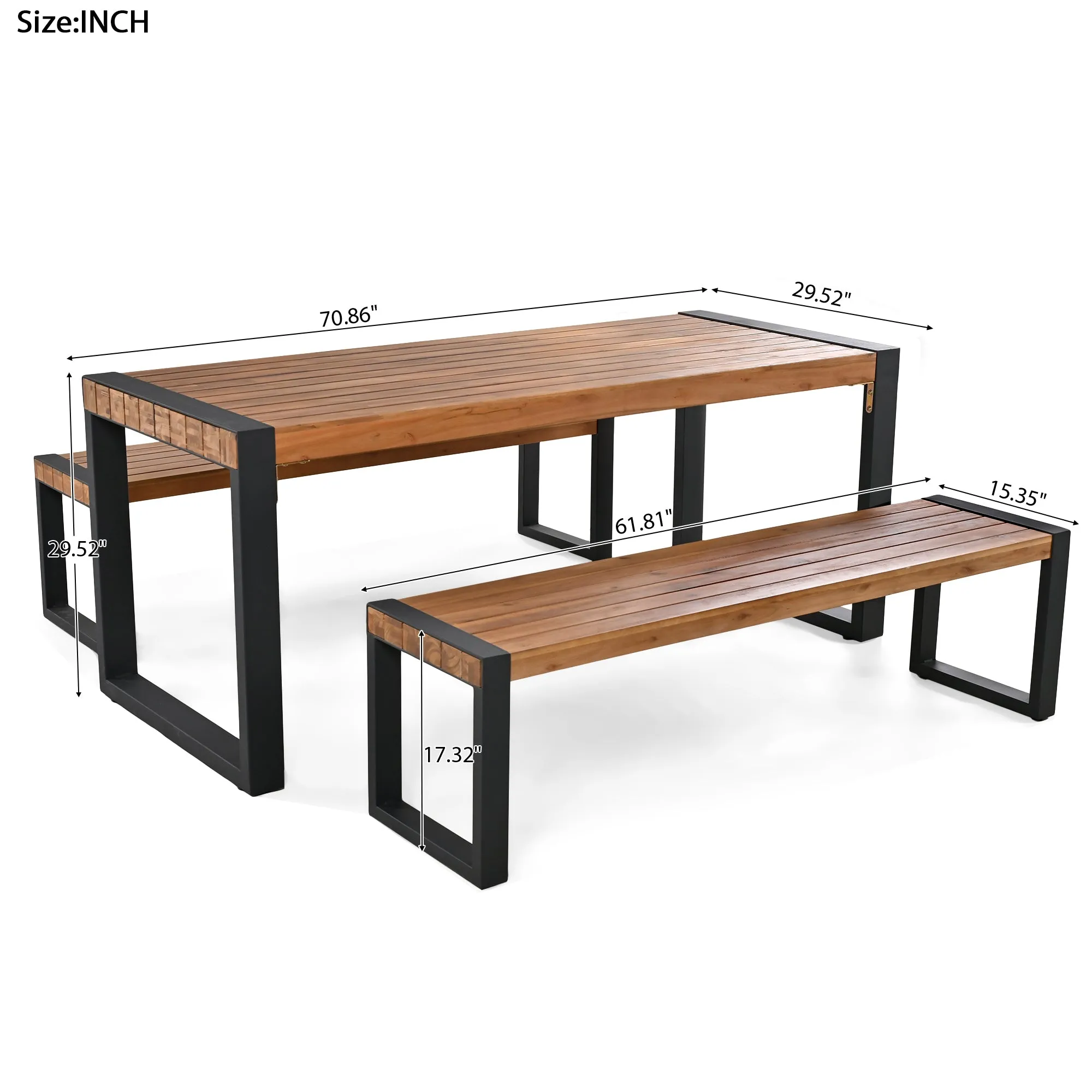 GO 3-pieces Outdoor Dining Table With 2 Benches, Patio Dining Set With Unique Top Texture, Acacia Wood Top & Steel Frame, All Weather Use, For Outdoor & Indoor, Natural