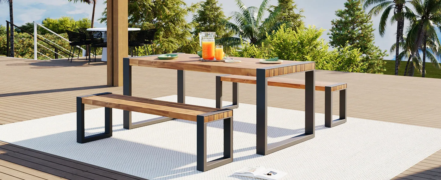 GO 3-pieces Outdoor Dining Table With 2 Benches, Patio Dining Set With Unique Top Texture, Acacia Wood Top & Steel Frame, All Weather Use, For Outdoor & Indoor, Natural