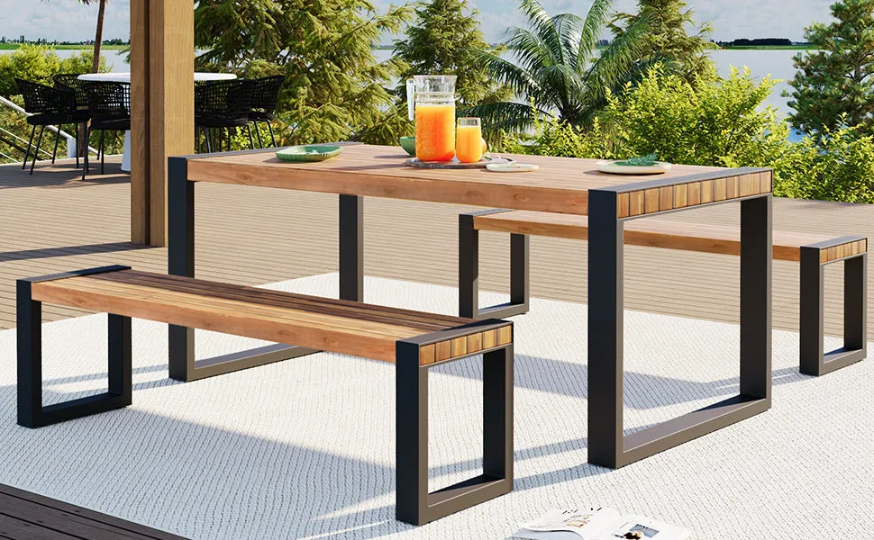 GO 3-pieces Outdoor Dining Table With 2 Benches, Patio Dining Set With Unique Top Texture, Acacia Wood Top & Steel Frame, All Weather Use, For Outdoor & Indoor, Natural