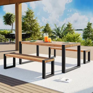 GO 3-pieces Outdoor Dining Table With 2 Benches, Patio Dining Set With Unique Top Texture, Acacia Wood Top & Steel Frame, All Weather Use, For Outdoor & Indoor, Natural