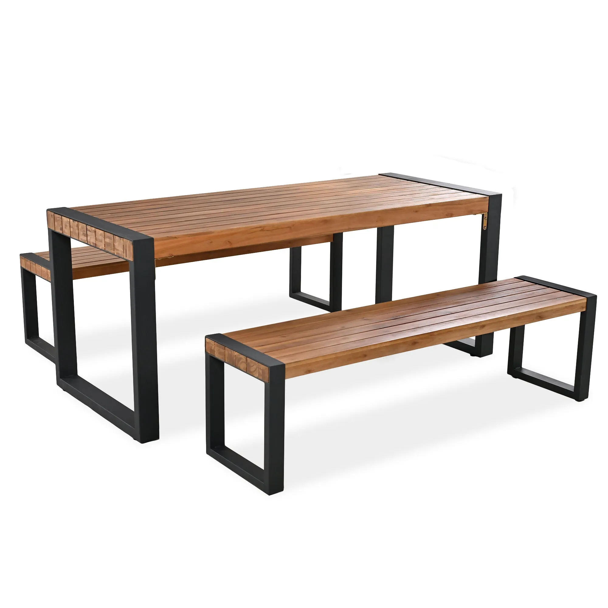 GO 3-pieces Outdoor Dining Table With 2 Benches, Patio Dining Set With Unique Top Texture, Acacia Wood Top & Steel Frame, All Weather Use, For Outdoor & Indoor, Natural