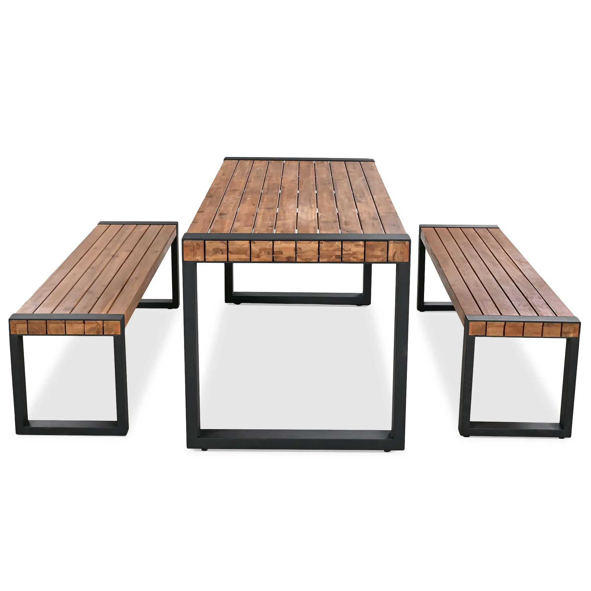 GO 3-pieces Outdoor Dining Table With 2 Benches, Patio Dining Set With Unique Top Texture, Acacia Wood Top & Steel Frame, All Weather Use, For Outdoor & Indoor, Natural