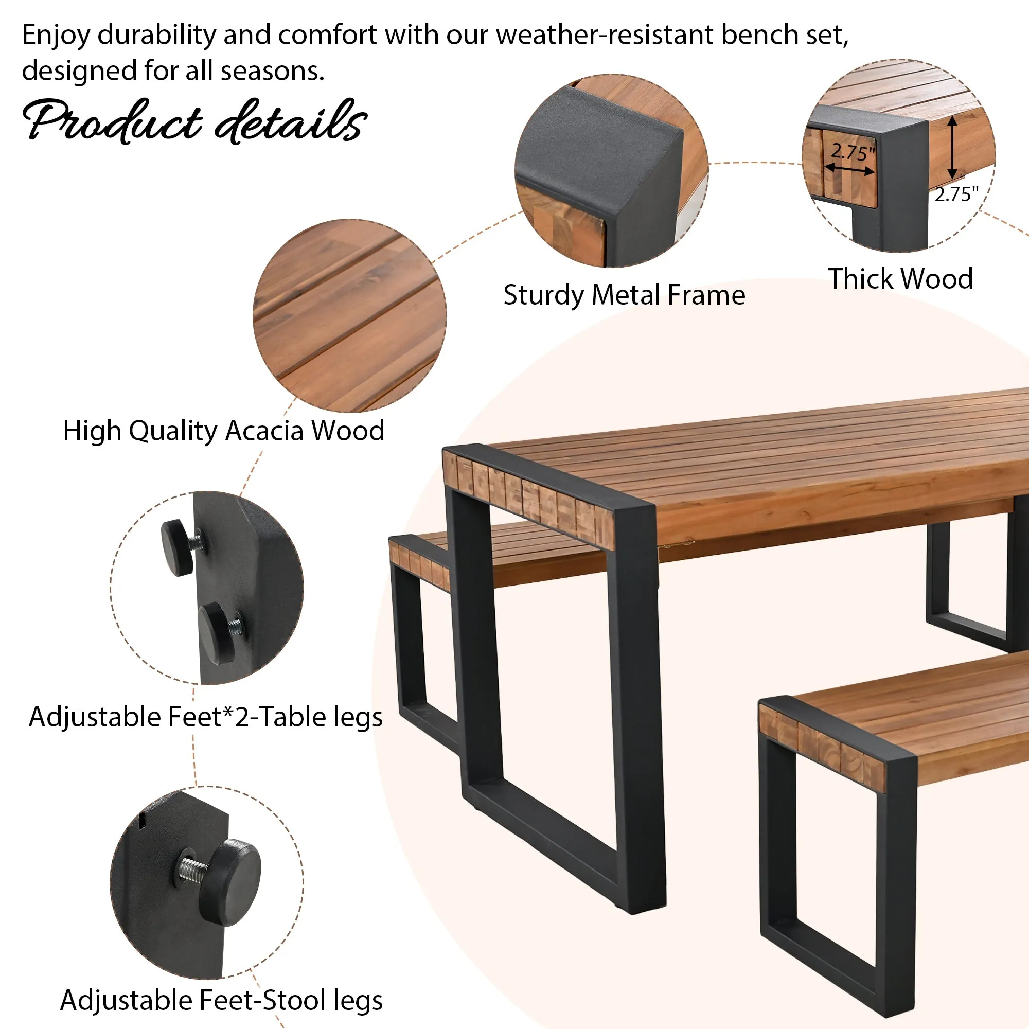 GO 3-pieces Outdoor Dining Table With 2 Benches, Patio Dining Set With Unique Top Texture, Acacia Wood Top & Steel Frame, All Weather Use, For Outdoor & Indoor, Natural