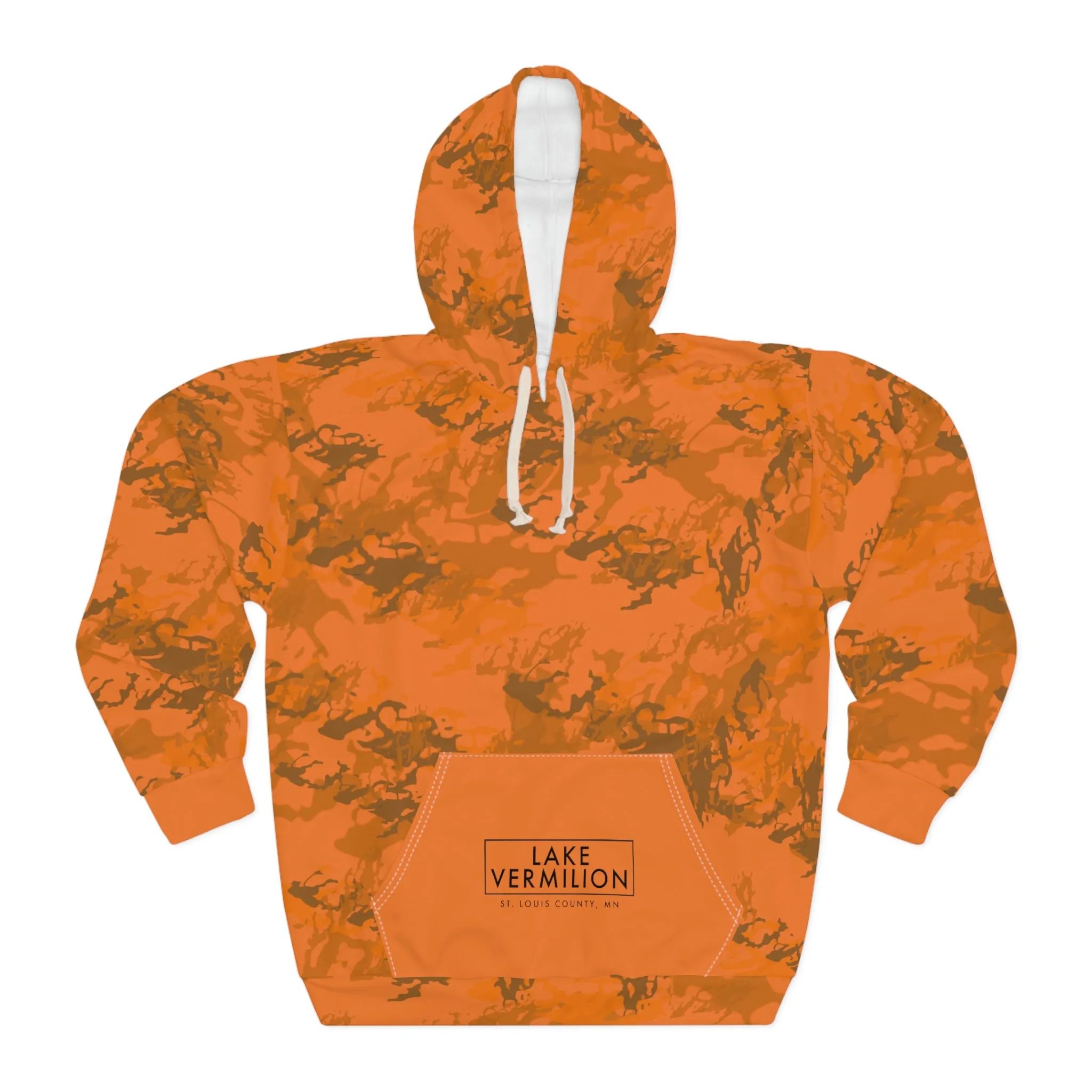 Lake Vermilion - MN - CUSTOM Vermilook® Orange Camo - Orange Pocket - AOP Unisex Pullover Hoodie